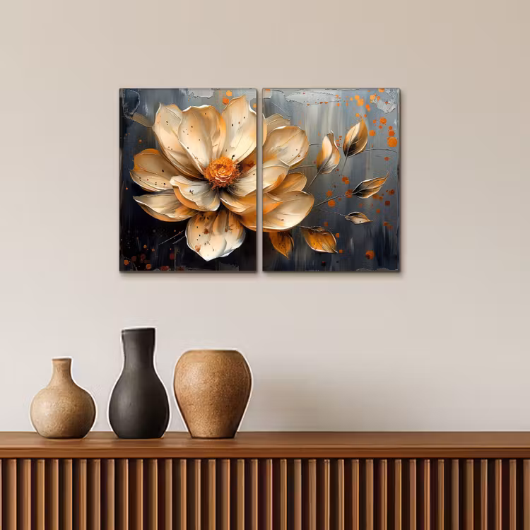 Meerluik schilderij - 2 luiken - Bloem - Goud - Abstract - Verf — 4