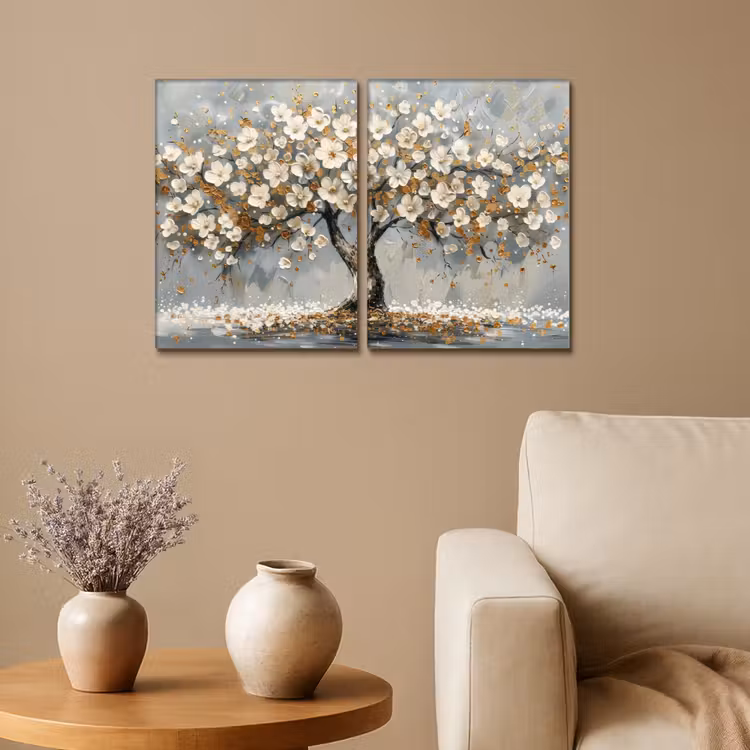 Meerluik schilderij - 2 luiken - Boom - Abstract - Wit - Bloesem — 1