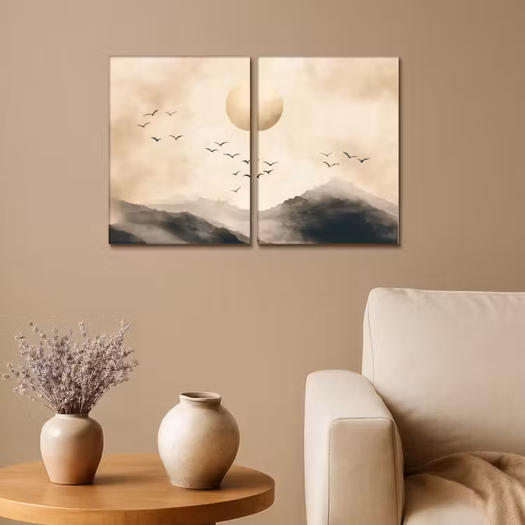 Meerluik schilderij - 2 luiken - Landschap - Japandi - Beige - Vogels — 1