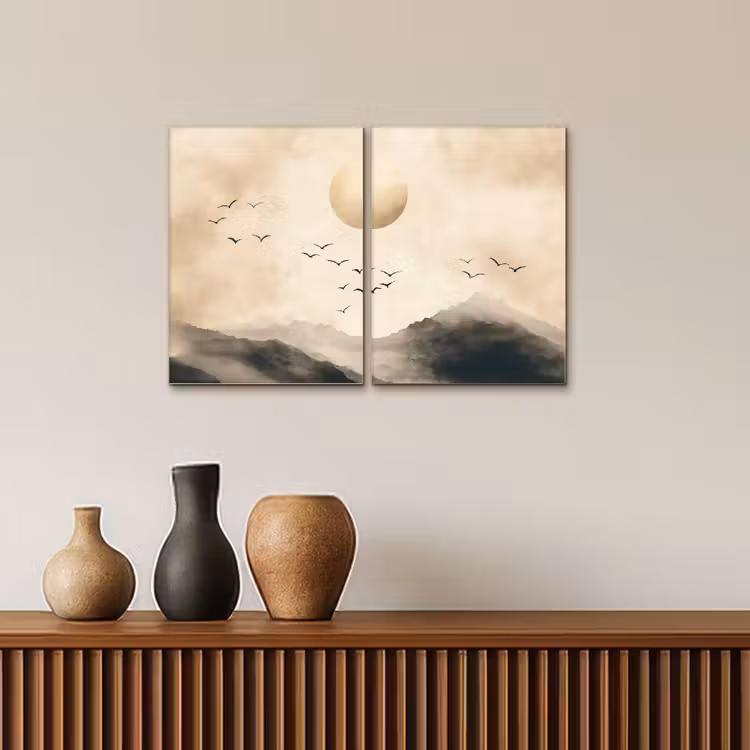 Meerluik schilderij - 2 luiken - Landschap - Japandi - Beige - Vogels — 4
