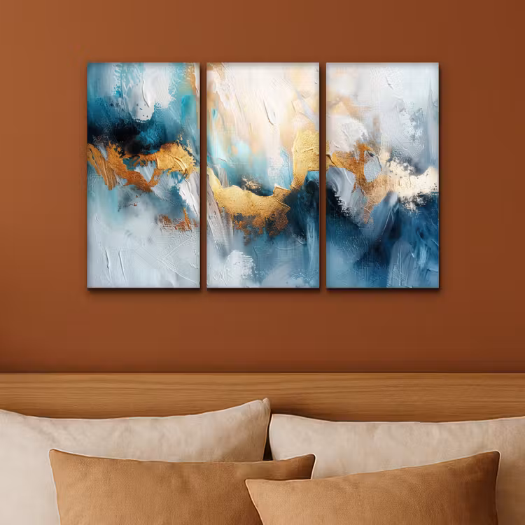Meerluik schilderij - 3 luiken - Blauw - Abstract - Wit - Goud - Verf — 3