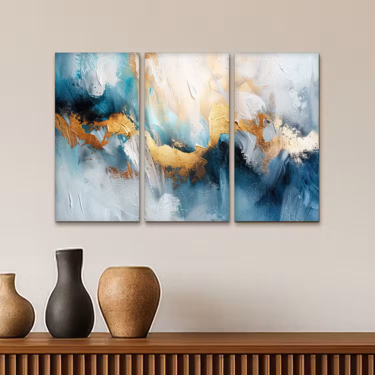 Meerluik schilderij - 3 luiken - Blauw - Abstract - Wit - Goud - Verf — 4