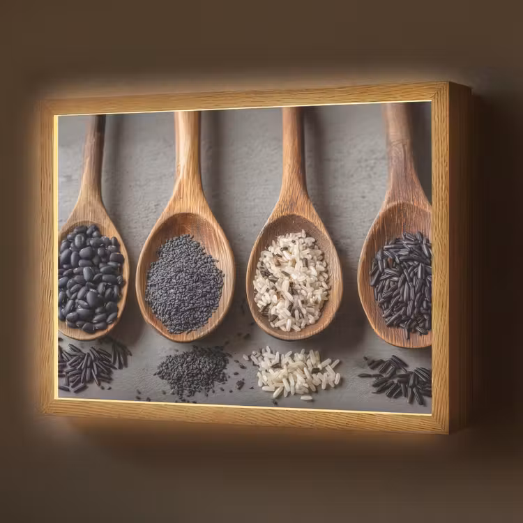 Lightbox - Wandlamp - Houten - Lepels - Rijst - Zaden — 1