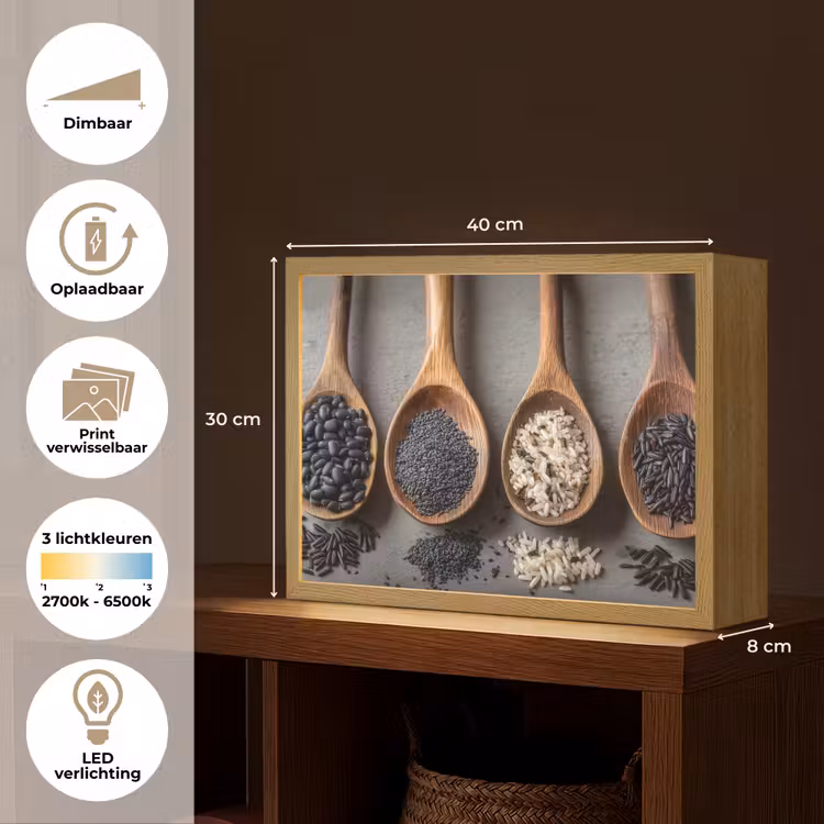 Lightbox - Wandlamp - Houten - Lepels - Rijst - Zaden — 10