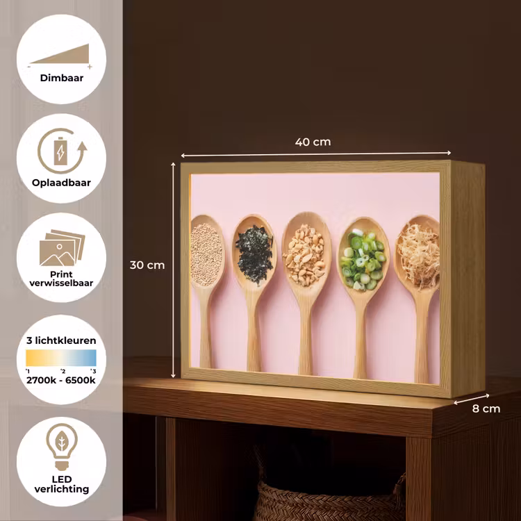 Lightbox - Wandlamp - Ingrediënten - Lepels - Hout - Roze — 10