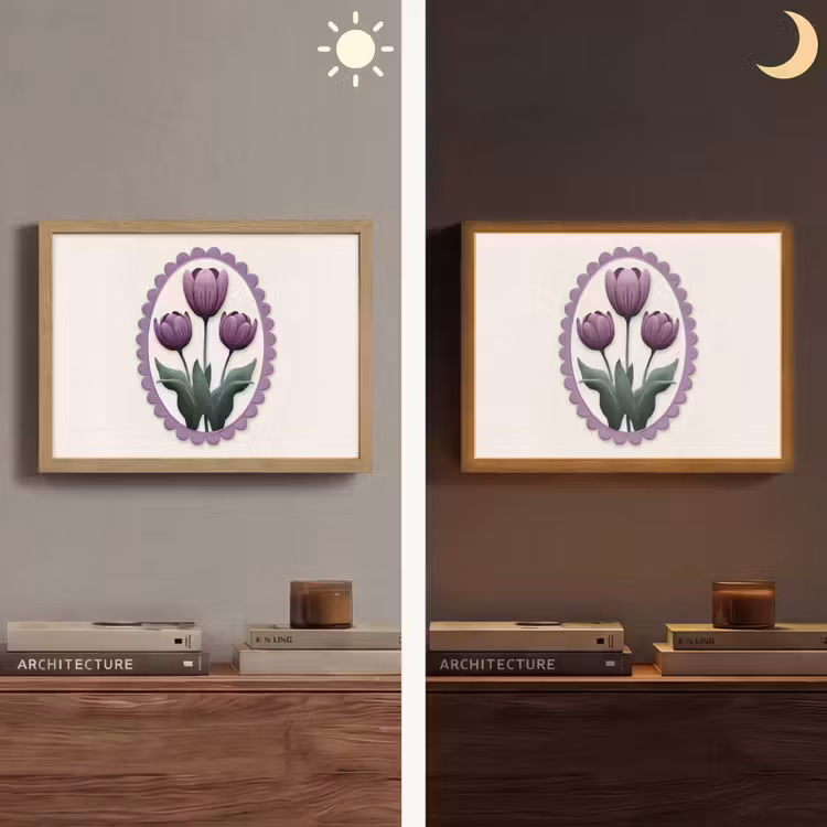 Lightbox - Wandlamp - Tulpen - Paars - Lijst - Bladeren — 6
