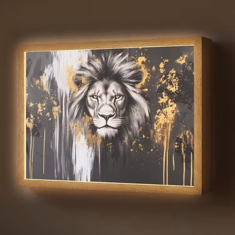 Lightbox - Wandlamp - Leeuw - Portret - Verfspatten - Grijs — 1