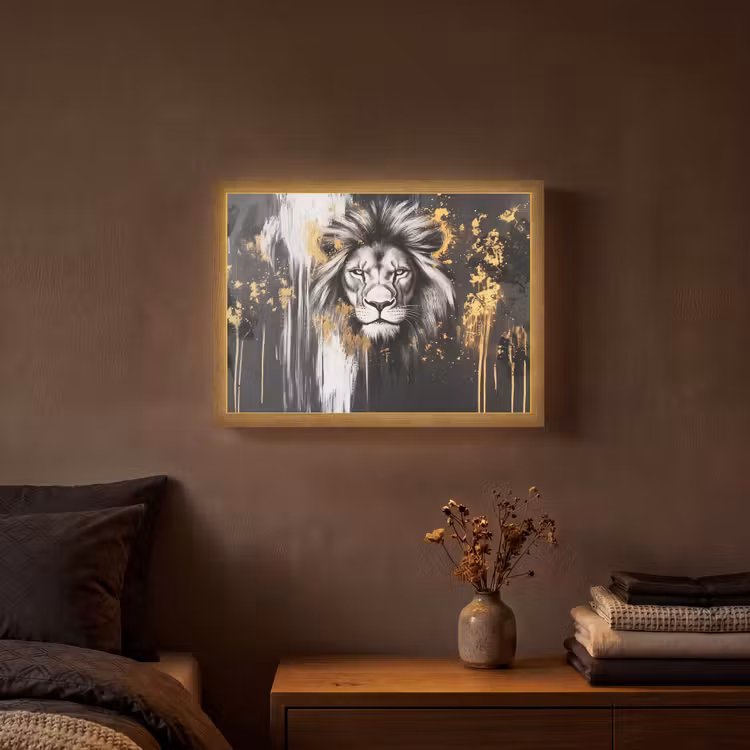 Lightbox - Wandlamp - Leeuw - Portret - Verfspatten - Grijs — 3