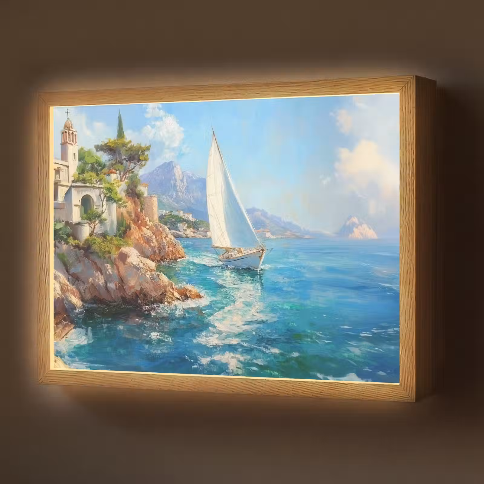 Lightbox - Wandlamp - Zeilboot - Rotsen - Kust - Huizen — 1