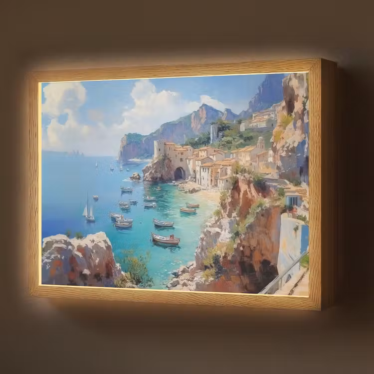 Lightbox - Wandlamp - Kustdorp - Schilderij - Rotsen - Boten — 1