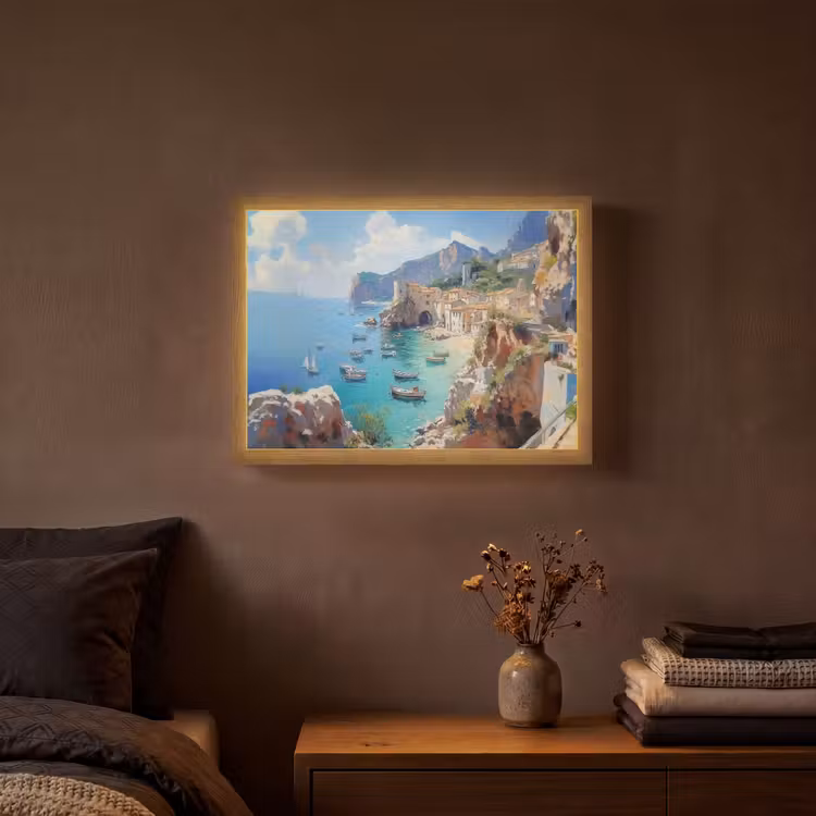 Lightbox - Wandlamp - Kustdorp - Schilderij - Rotsen - Boten — 3