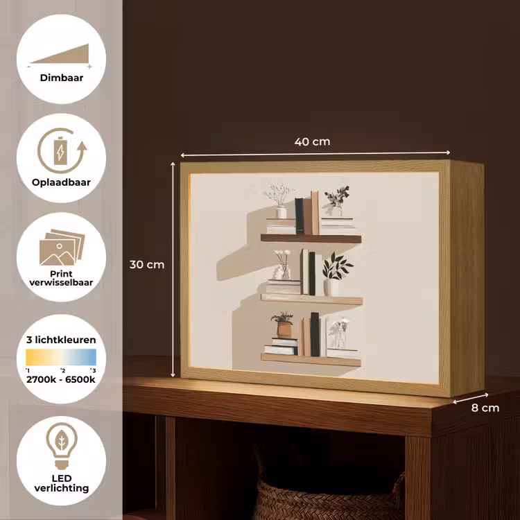 Lightbox - Wandlamp - Plankjes - Boeken - Vaasjes - Planten — 10