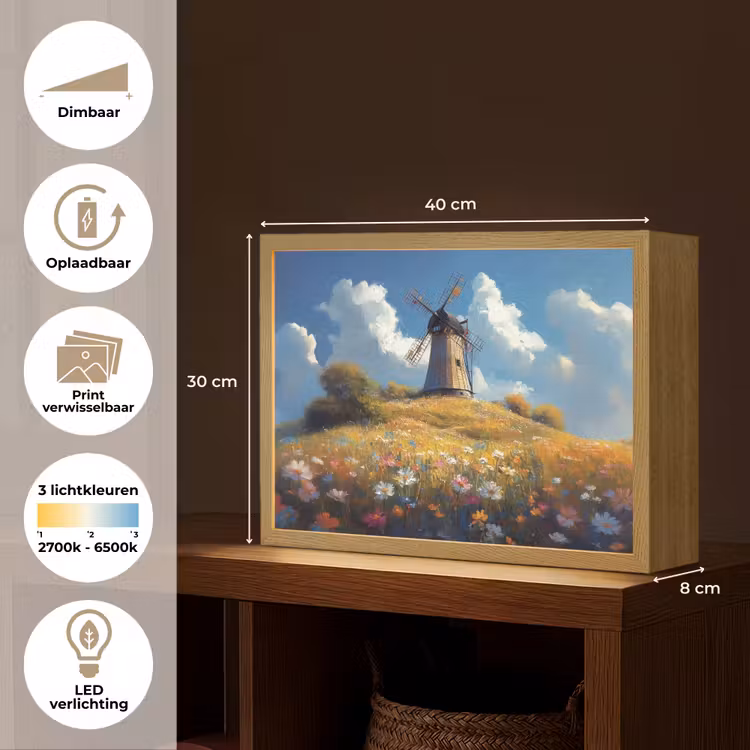 Lightbox - Wandlamp - Windmolen - Heuvel - Bloemen - Kleurrijk — 10