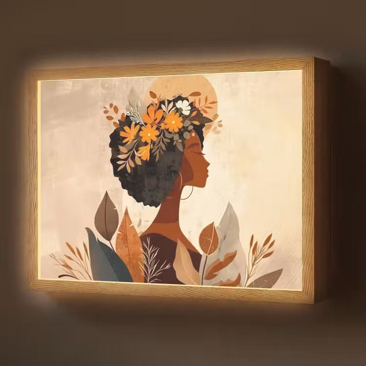 Lightbox - Wandlamp - Vrouw - Krullen - Bloemen - Beige — 1