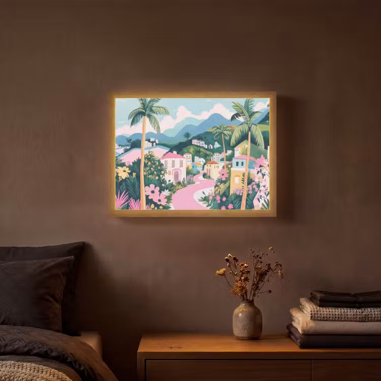 Lightbox - Wandlamp - Kleurrijk - Huizen - Heuvels - Roze — 3