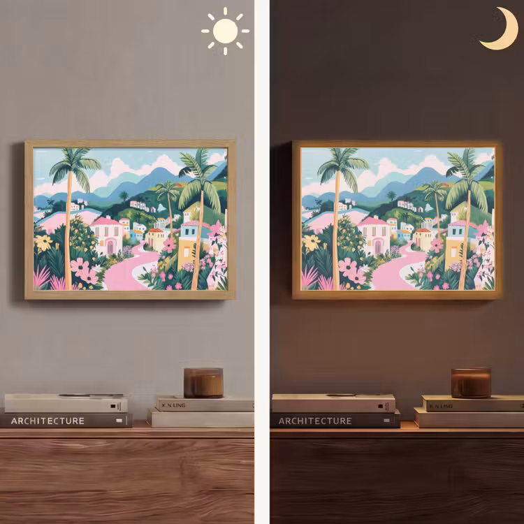 Lightbox - Wandlamp - Kleurrijk - Huizen - Heuvels - Roze — 6