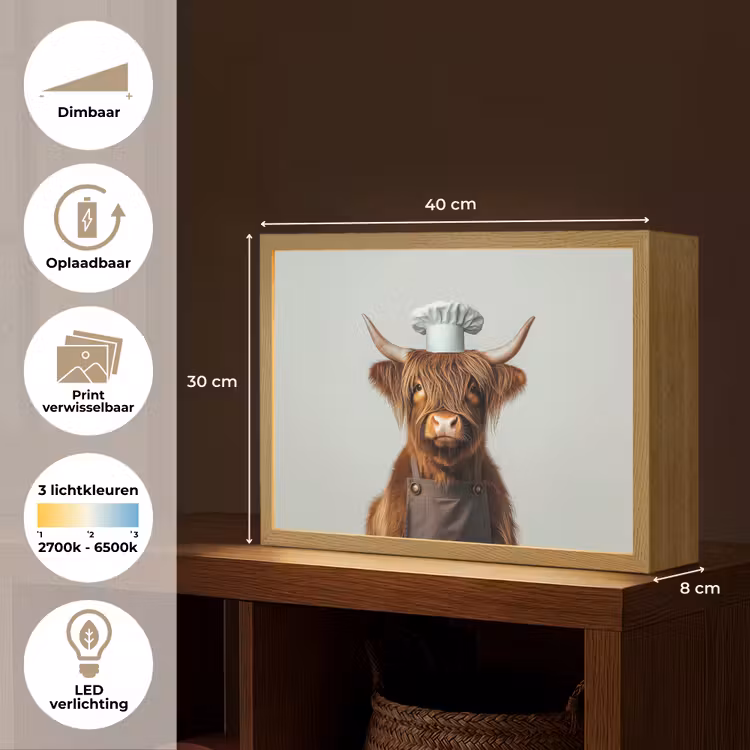 Lightbox - Wandlamp - Schotse Hooglander - Bruin - Hoorns - Kokskleding — 10