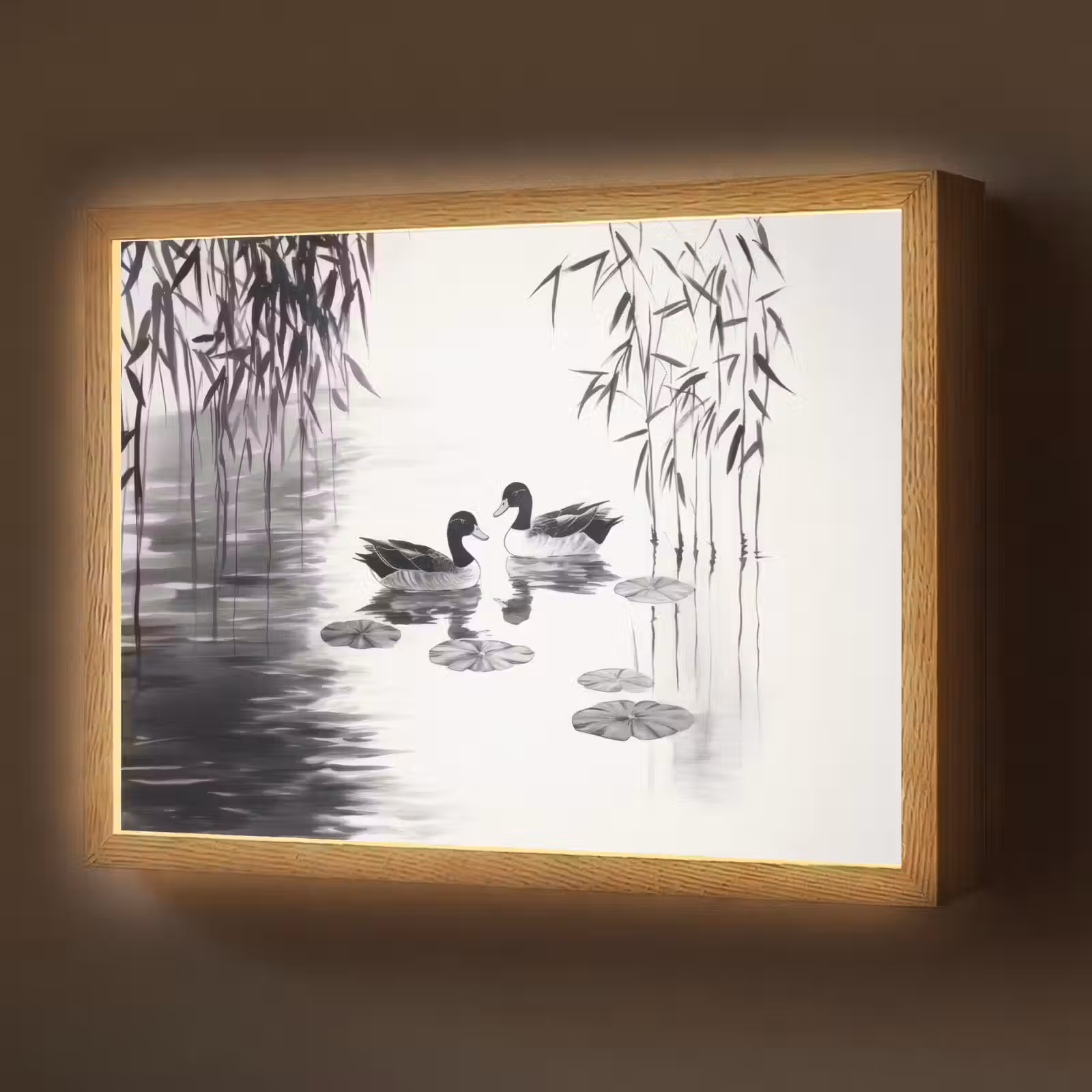 Lightbox - Wandlamp - Eenden - Waterlelies - Riet - Zwart — 1