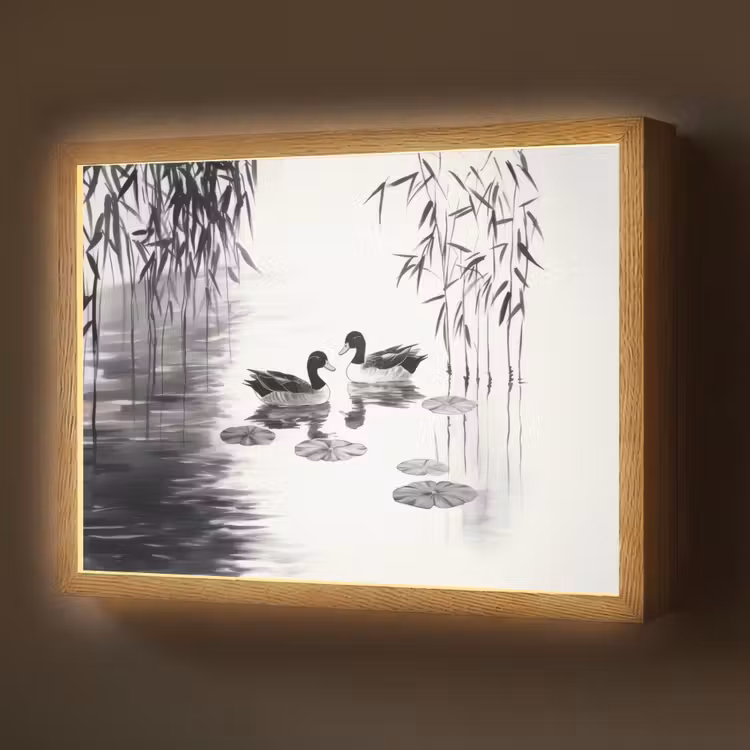 Lightbox - Wandlamp - Eenden - Waterlelies - Riet - Zwart — 1