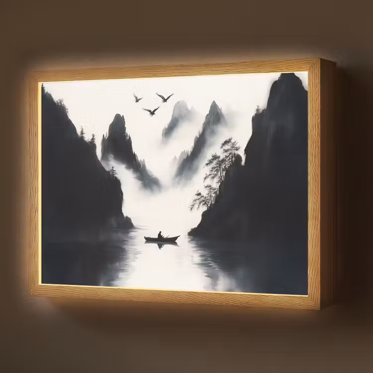 Lightbox - Wandlamp - Roeiboot - Mistig - Bergen - Vogels — 1