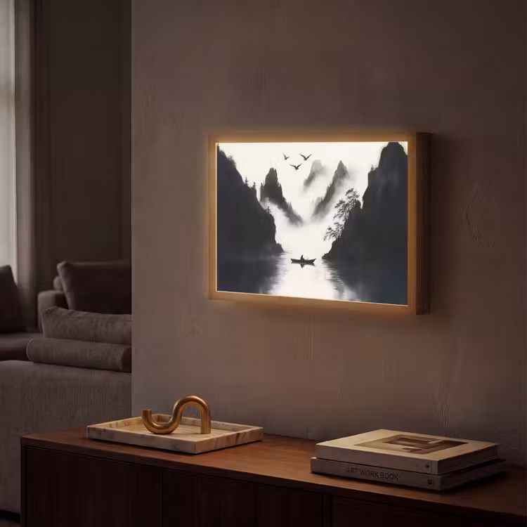 Lightbox - Wandlamp - Roeiboot - Mistig - Bergen - Vogels — 2