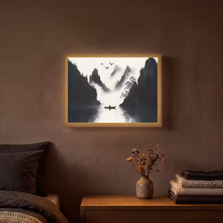 Lightbox - Wandlamp - Roeiboot - Mistig - Bergen - Vogels — 3