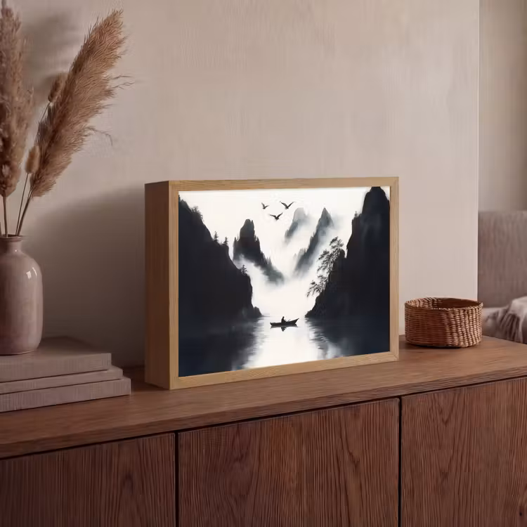 Lightbox - Wandlamp - Roeiboot - Mistig - Bergen - Vogels — 4