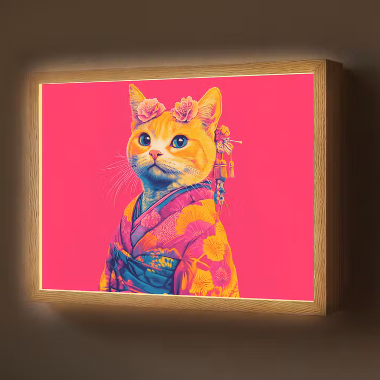 Lightbox - Wandlamp - Kat - Kimono - Bloemen - Roze — 1