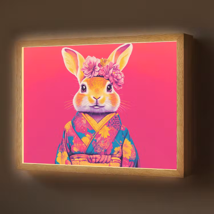 Lightbox - Wandlamp - Konijn - Bloemen - Kleurrijk - Kimono — 1