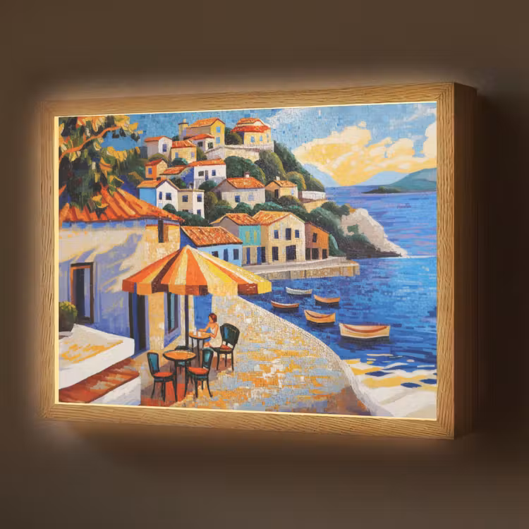Lightbox - Wandlamp - Kustdorp - Huisjes - Mozaïek - Zee — 1