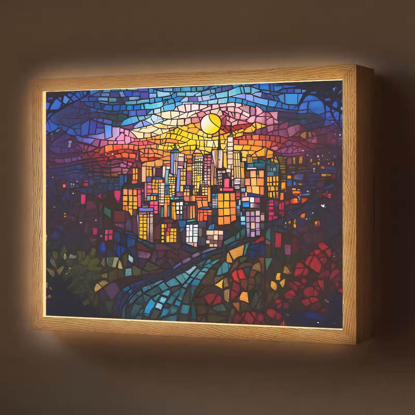 Lightbox - Wandlamp - Stad - Maan - Mozaïek - Kleurrijk — 1
