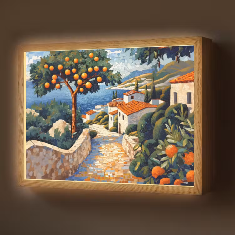 Lightbox - Wandlamp - Huizen - Mozaïek - Sinaasappelbomen - Zee — 1