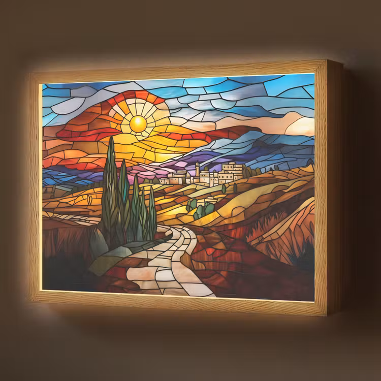 Lightbox - Wandlamp - Mozaïek - Zon - Landschap - Dorp — 1
