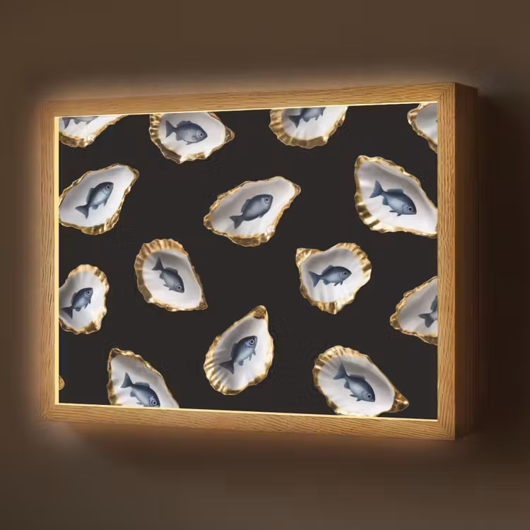 Lightbox - Wandlamp - Oesters - Vissen - Blauw - Goud — 1