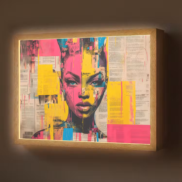 Lightbox - Wandlamp - Vrouwengezicht - Krantenpapier - Abstract - Roze — 1