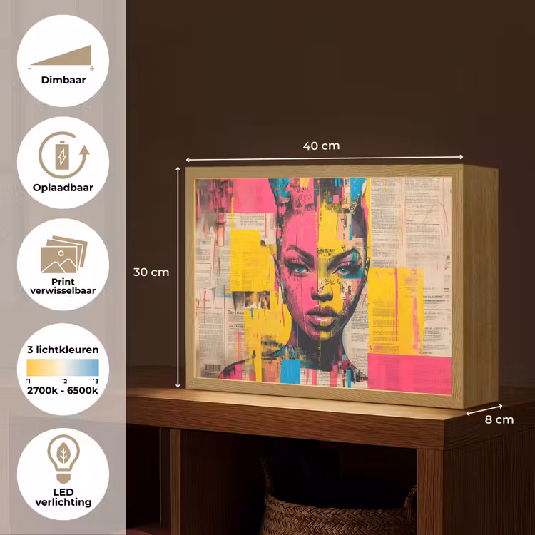 Lightbox - Wandlamp - Vrouwengezicht - Krantenpapier - Abstract - Roze — 10