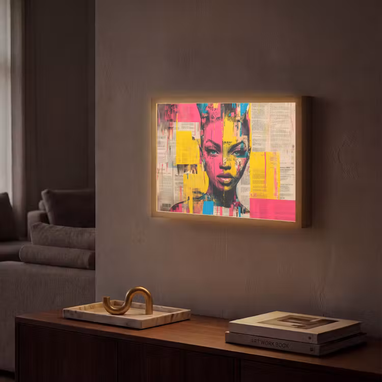 Lightbox - Wandlamp - Vrouwengezicht - Krantenpapier - Abstract - Roze — 2