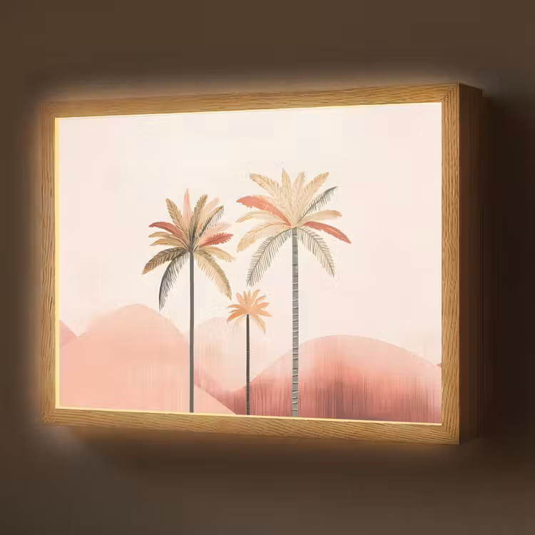 Lightbox - Wandlamp - Palmbomen - Heuvels - Minimalistisch - Zachtroze — 1