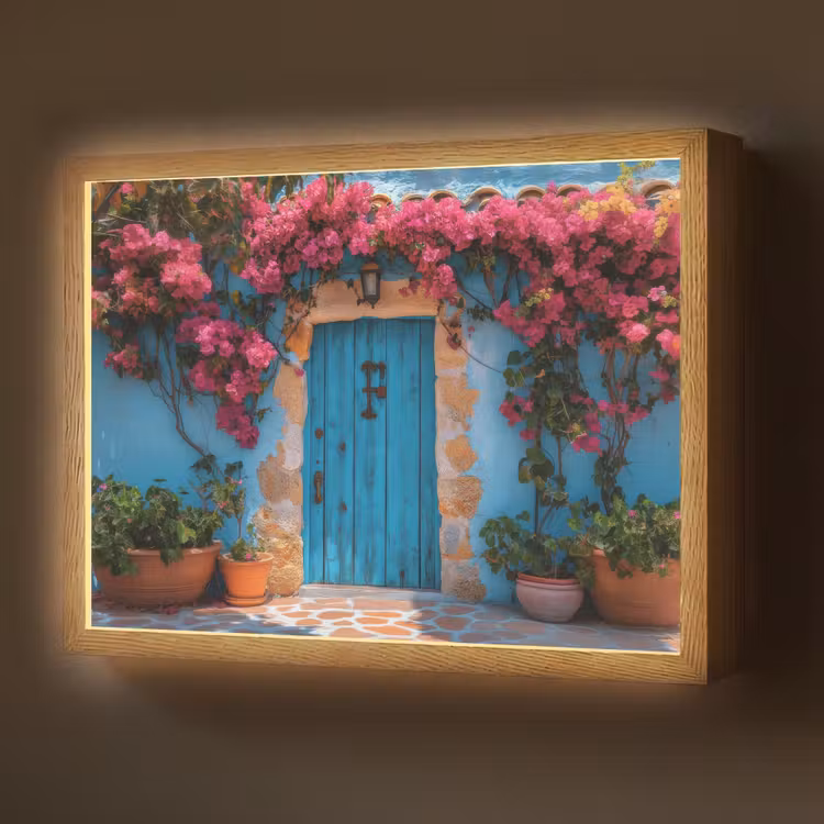 Lightbox - Wandlamp - Deur - Hout - Bloemen - Blauw — 1