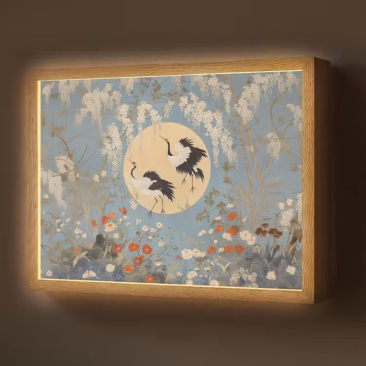 Lightbox - Wandlamp - Kraanvogels - Maan - Bloemen - Blauw — 1