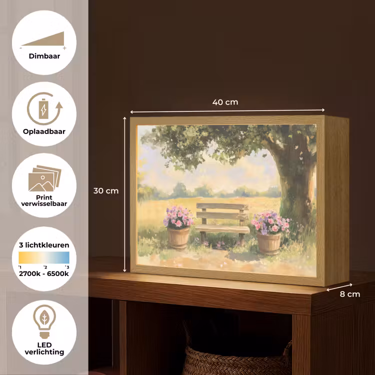 Lightbox - Wandlamp - Houten bankje - Bloempotten - Landschap — 10