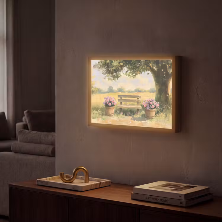 Lightbox - Wandlamp - Houten bankje - Bloempotten - Landschap — 2
