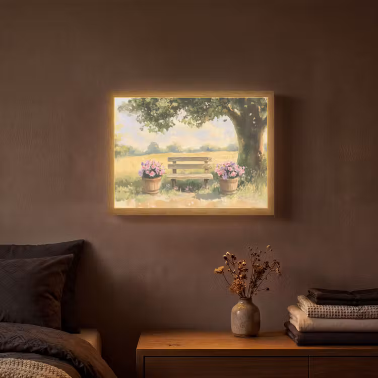 Lightbox - Wandlamp - Houten bankje - Bloempotten - Landschap — 3