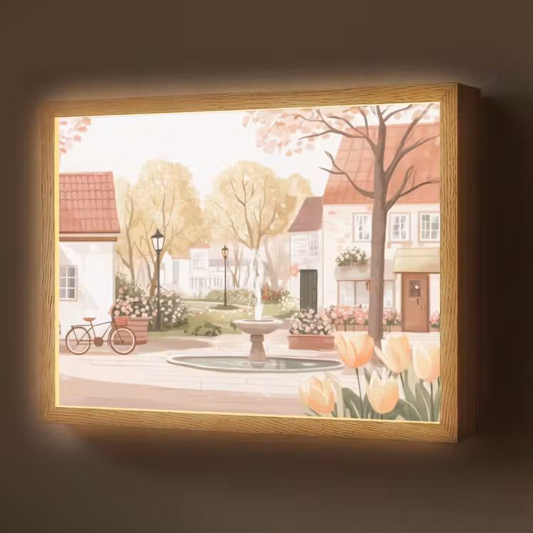 Lightbox - Wandlamp - Dorpsplein - Fontein - Tulpen — 1