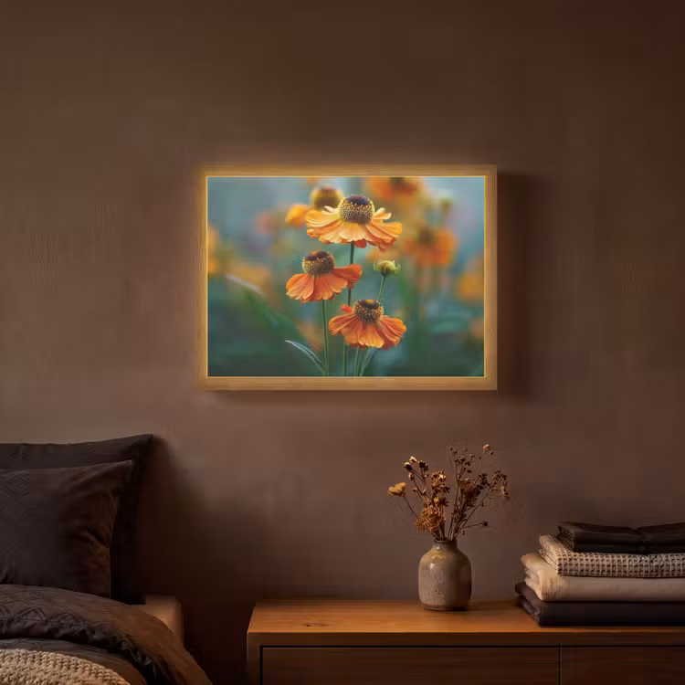 Lightbox - Wandlamp - Oranje bloemen - Levendig - Wazige achtergrond — 3