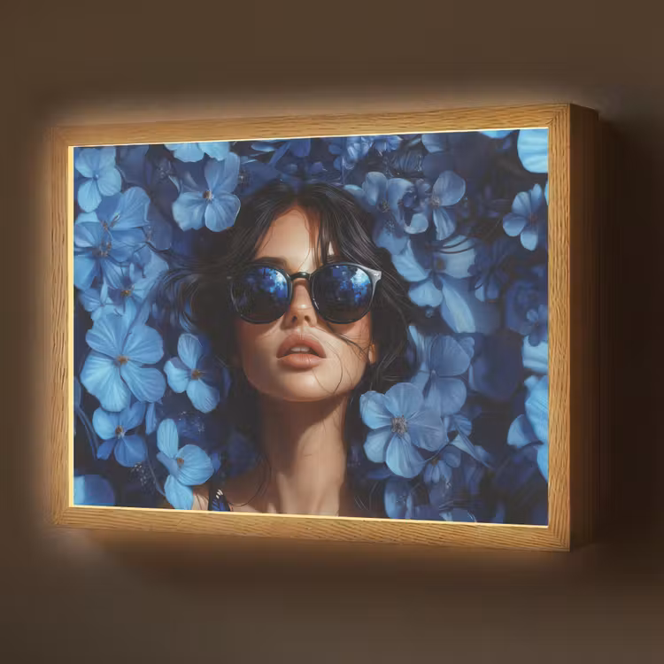 Lightbox - Wandlamp - Vrouw - Blauw - Bloemen - Vlinders - Natuur — 1