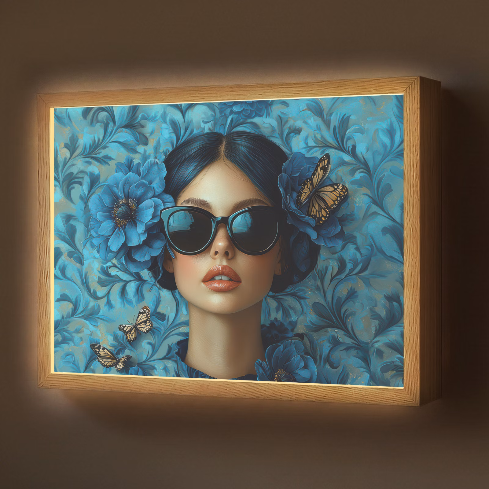 Lightbox - Wandlamp - Vrouw - Bloemen - Vlinders - Blauw - Abstract — 1