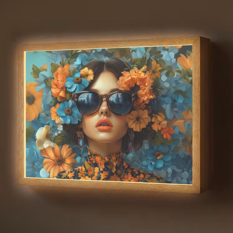 Lightbox - Wandlamp - Vrouw - Bloemen - Oranje - Blauw - Modern — 1