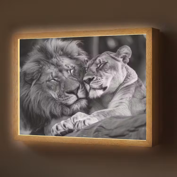 Lightbox - Wandlamp - Leeuwen - Dieren - Zwart - Wit - Leeuw — 1