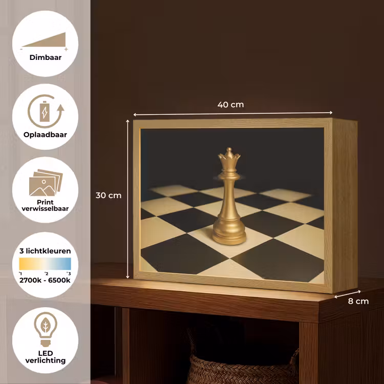 Lightbox - Wandlamp - Koningin - Schaakstuk - Geblokt - Goud — 10